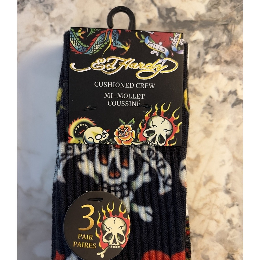 Ed Hardy MI-Mollet Coussine Cushioned Crew Socks in Black & White - Men's 3 pack
